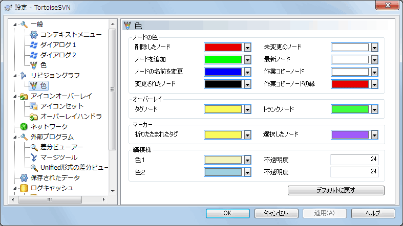 設定ダイアログ、リビジョングラフの「色」ページ